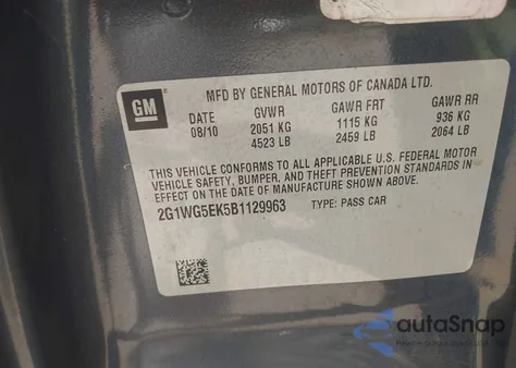 2011 Chevrolet Impala Lt из США, поврежденный, VIN 2G1WG5EK5B1129963